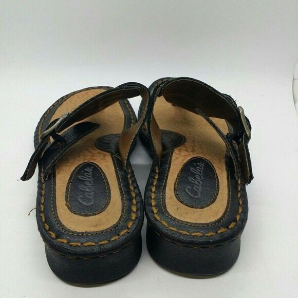 Cabelas Black Leather Comfy Thong Sandals Sz 6M - Picture 3 of 6